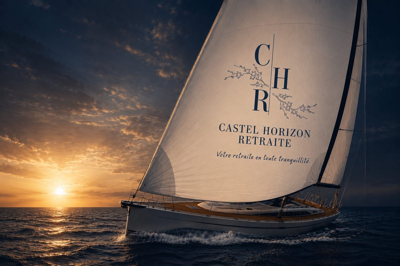 Voilier Castel Horizon Retraite naviguant au coucher de soleil